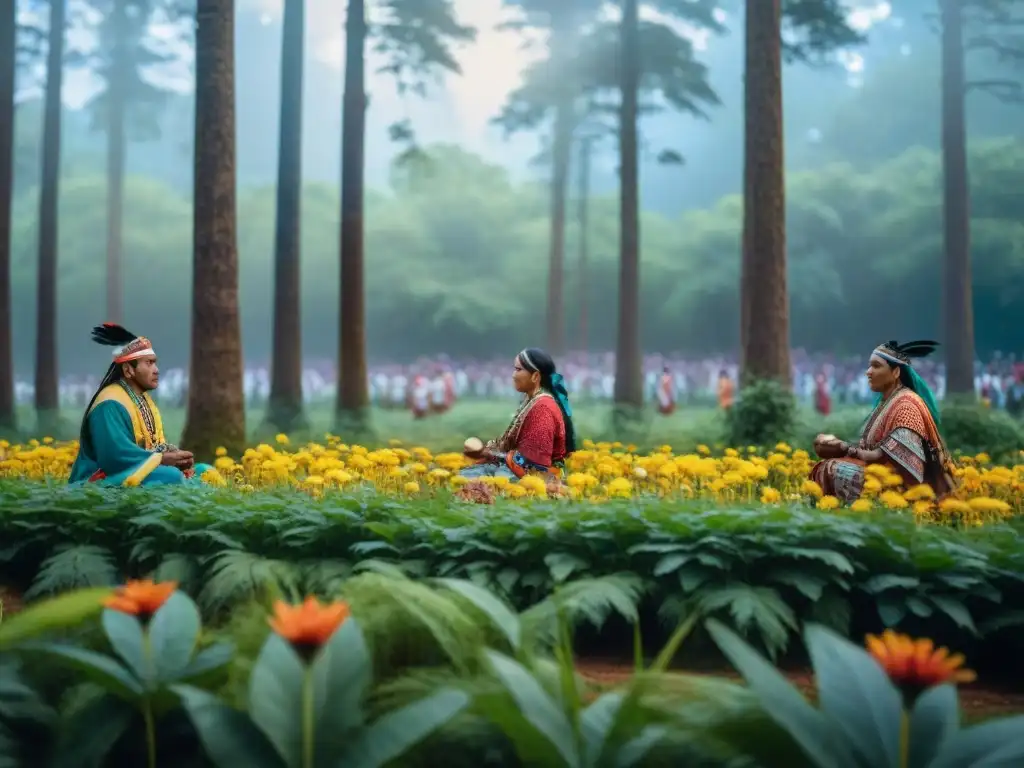 Un grupo de indígenas juega un juego tradicional en la selva, con colores vibrantes y gran detalle