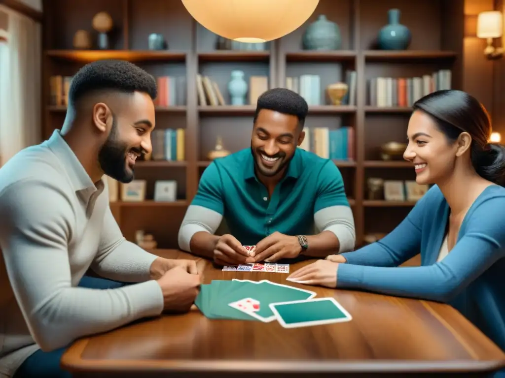 Grupo disfruta de juegos de cartas en acogedora sala iluminada, fomentando memoria y concentración