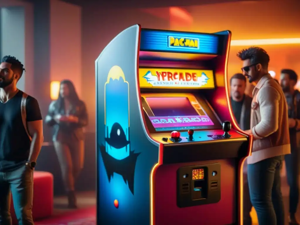 Grupo disfruta de juegos clásicos de los 80 en sala de arcade retro iluminada