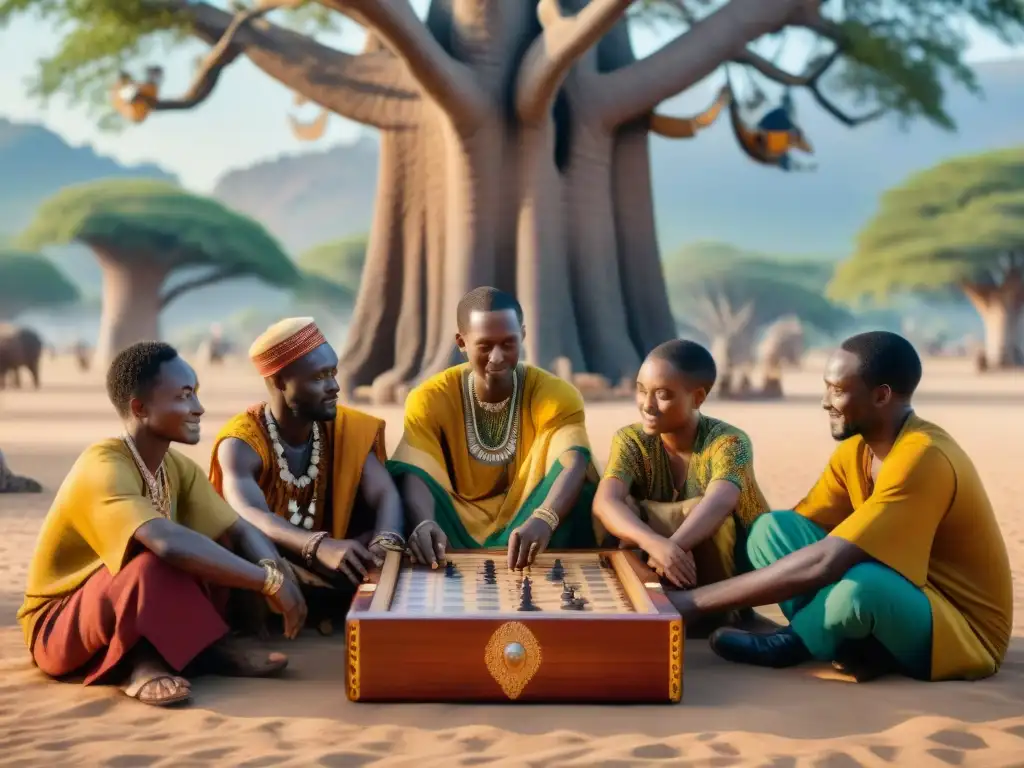 Grupo disfruta de juegos en la diáspora africana bajo baobab majestuoso en vibrantes atuendos