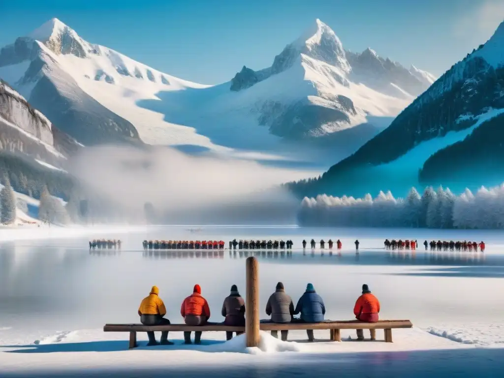 Grupo jugando Juegos de Invierno Europeos Tradicionales en lago con montañas nevadas de fondo