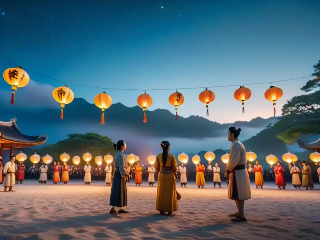 Juegos tradicionales nocturnos en Asia: escena mágica bajo faroles Grupo jugando Juegos Nocturnos Tradicionales Culturas en Asia, iluminados por faroles