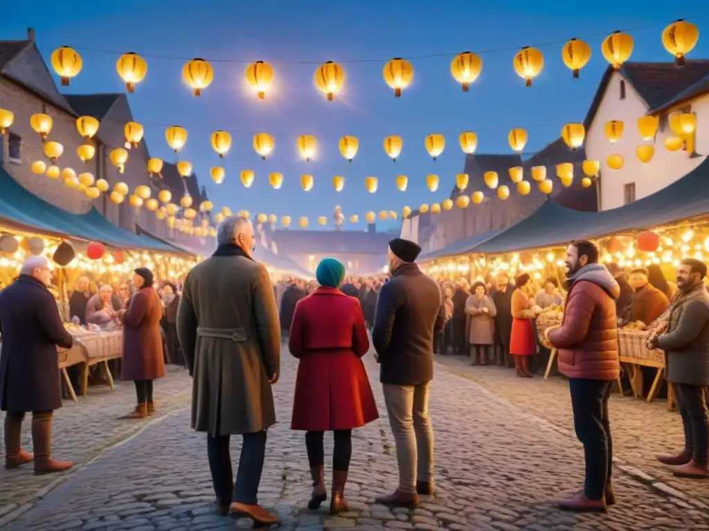 Grupo disfrutando de juegos tradicionales en festival nocturno con luces y edificios históricos de fondo