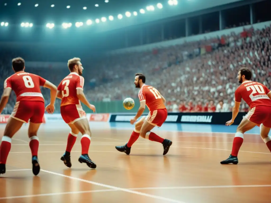 Intensidad y precisión: Jugadores de balonmano de la URSS en los años 70 Grupo de jugadores de balonmano de la Unión Soviética en acción durante un partido en los años 70, mostrando la intensidad y precisión del equipo