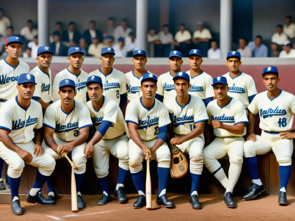 Grupo de jugadores de béisbol venezolanos en el siglo XX posando con uniformes tradicionales, rodeados de fanáticos