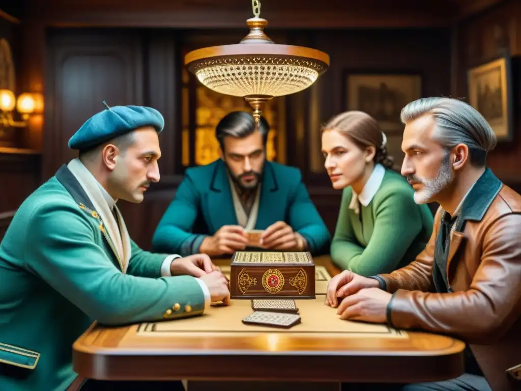 Grupo de jugadores de cartas alemanes del siglo XIX en una taberna acogedora, inmersos en el juego de Skat