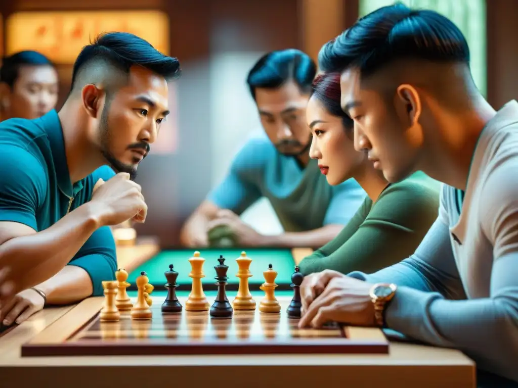 Un grupo de jugadores concentrados en un tablero de Damas Chinas vibrante y detallado, mostrando estrategias para ganar