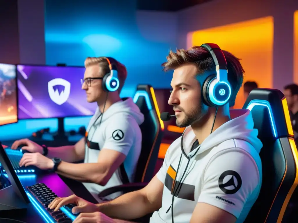 Un grupo de jugadores diversos se concentra en una intensa partida de Overwatch en un arena de eSports, con luces LED coloridas iluminando sus rostros