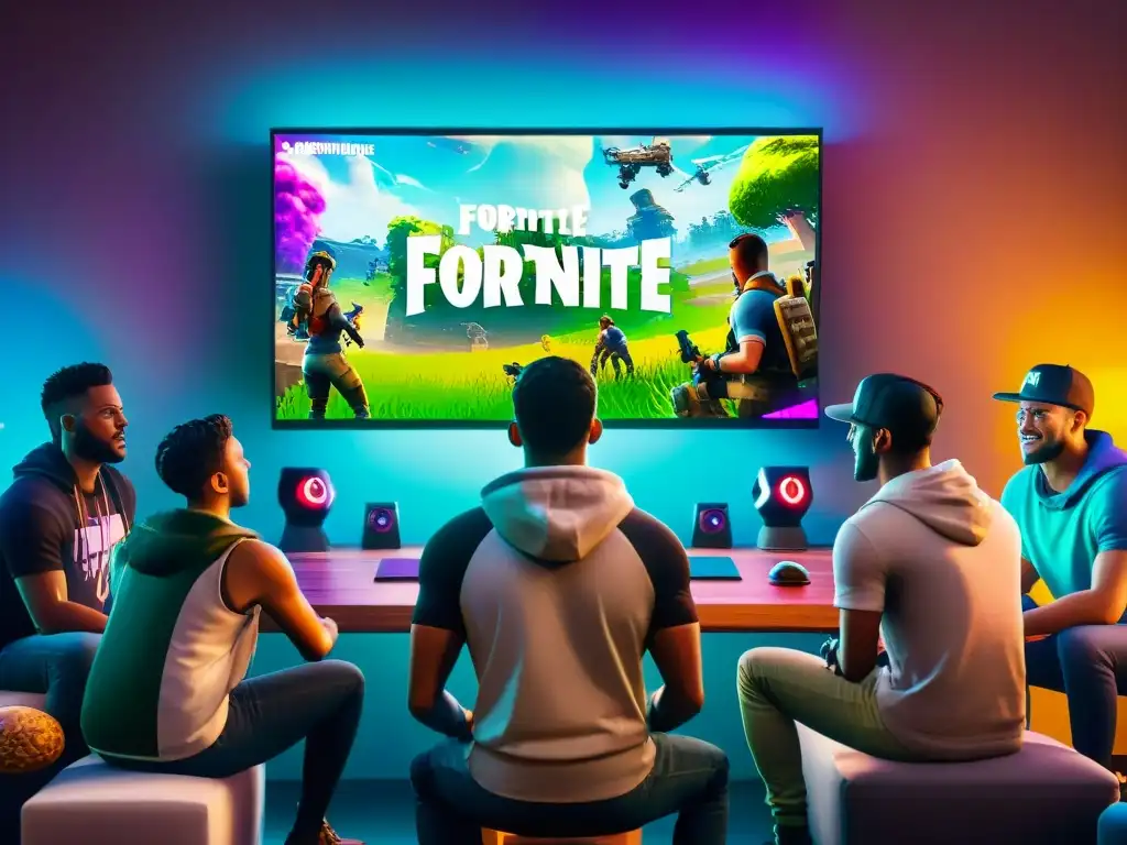 Grupo de jugadores de todas las edades concentrados en jugar Fortnite juntos en un ambiente vibrante y lleno de camaradería