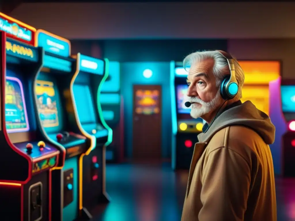 Grupo de jugadores de distintas edades y orígenes disfrutando en un arcade retro, con pantallas brillantes