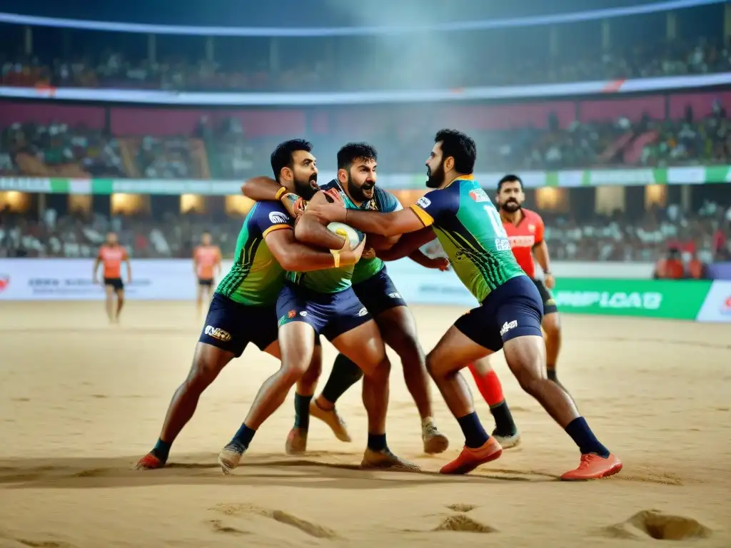 Grupo de jugadores de Kabaddi en un emocionante partido en un estadio lleno de espectadores