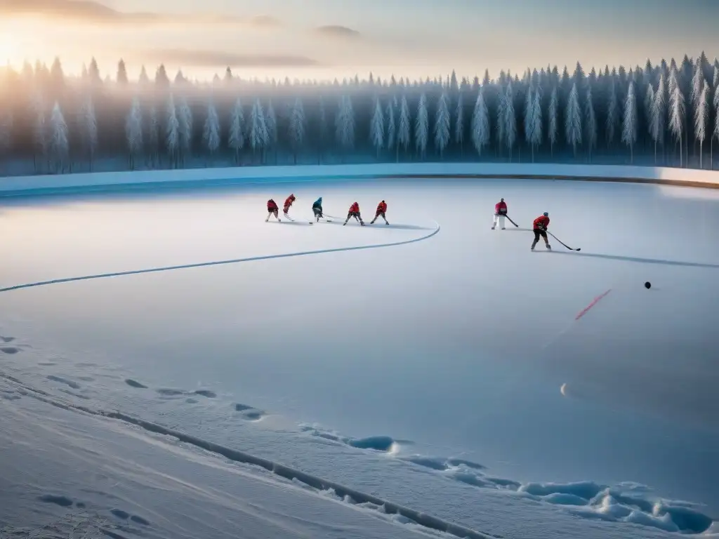 Grupo de jugadores en un emocionante partido de bandy en un lago congelado en Rusia en el siglo XIX, destacando la historia del hockey sobre hielo