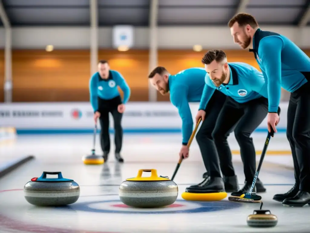 Grupo de jugadores escoceses de curling en acción en un paisaje invernal