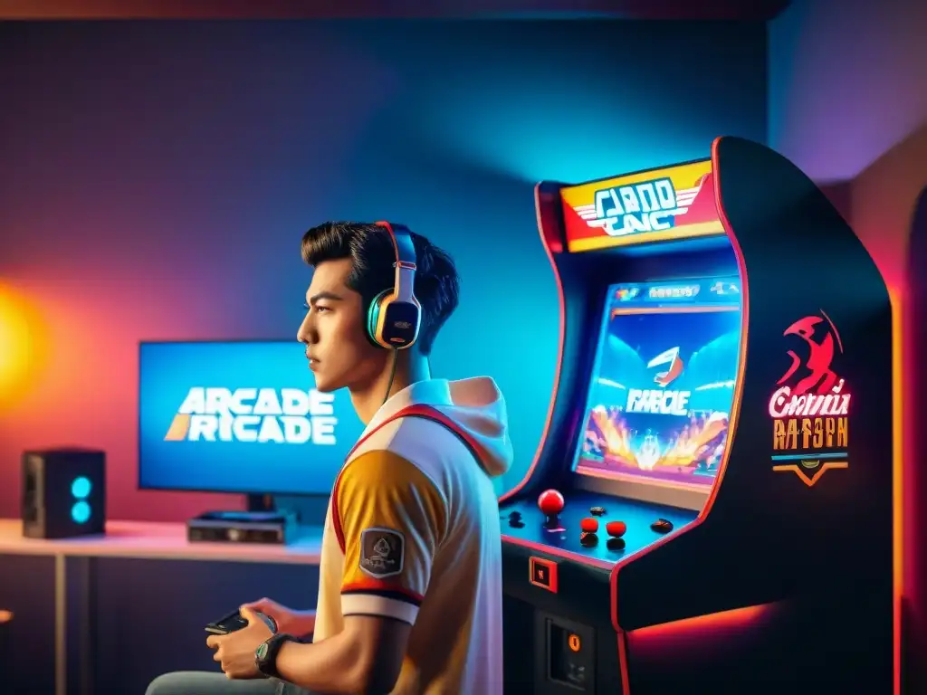 Grupo de jugadores de eSports modernos concentrados en un gabinete de arcade retro, fusionando videojuegos retro e influencia en eSports modernos