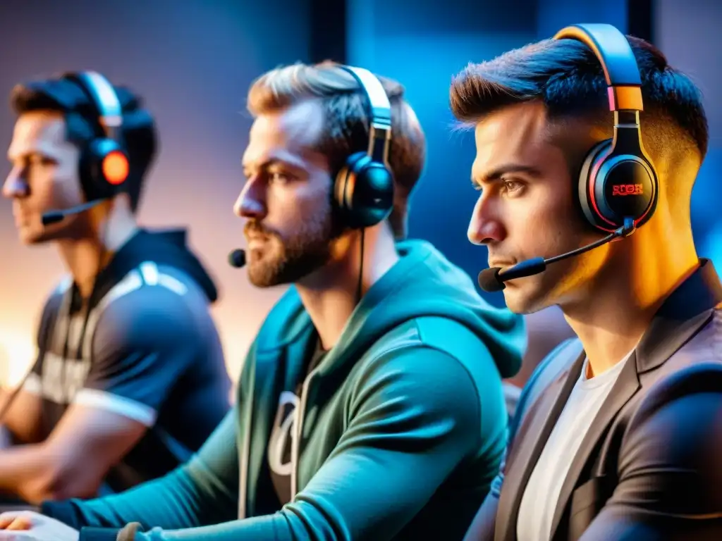Un grupo de jugadores de eSports retirados se reúnen con determinación y desilusión, rodeados de pantallas brillantes en un torneo de alto nivel