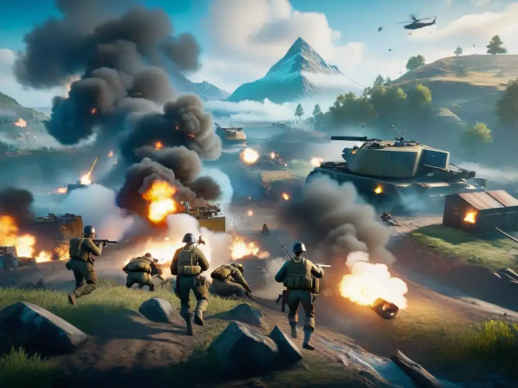 Batalla épica en Battlefield V: estrategia y trabajo en equipo Grupo de jugadores ejecutando estrategias para dominar Battlefield V en un campo de batalla detallado, con obstáculos y explosiones