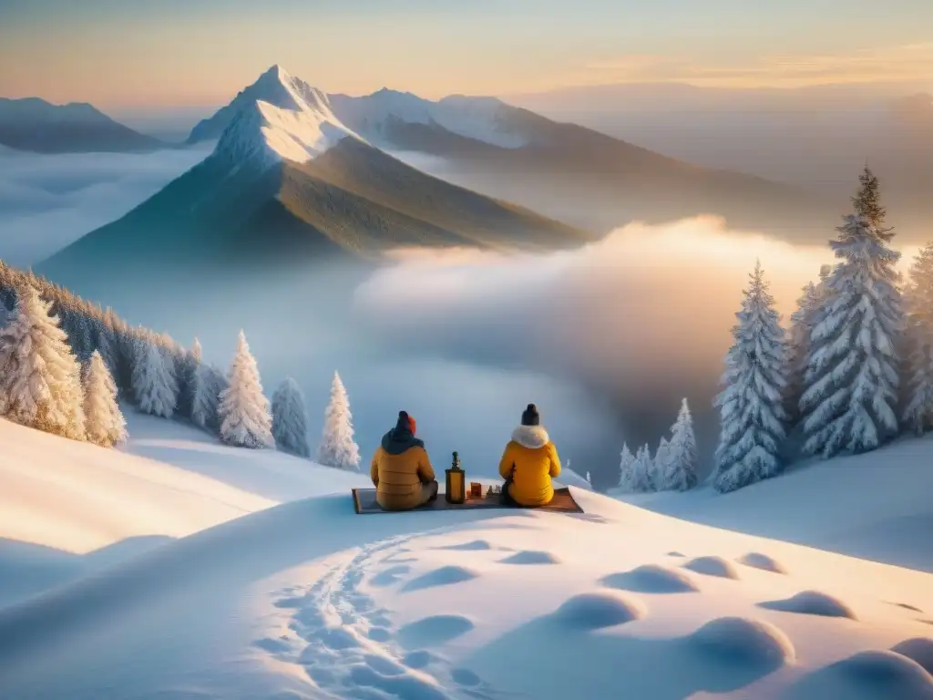 Grupo de jugadores de Go en montañas nevadas, inmersos en el juego y rodeados de un paisaje etéreo