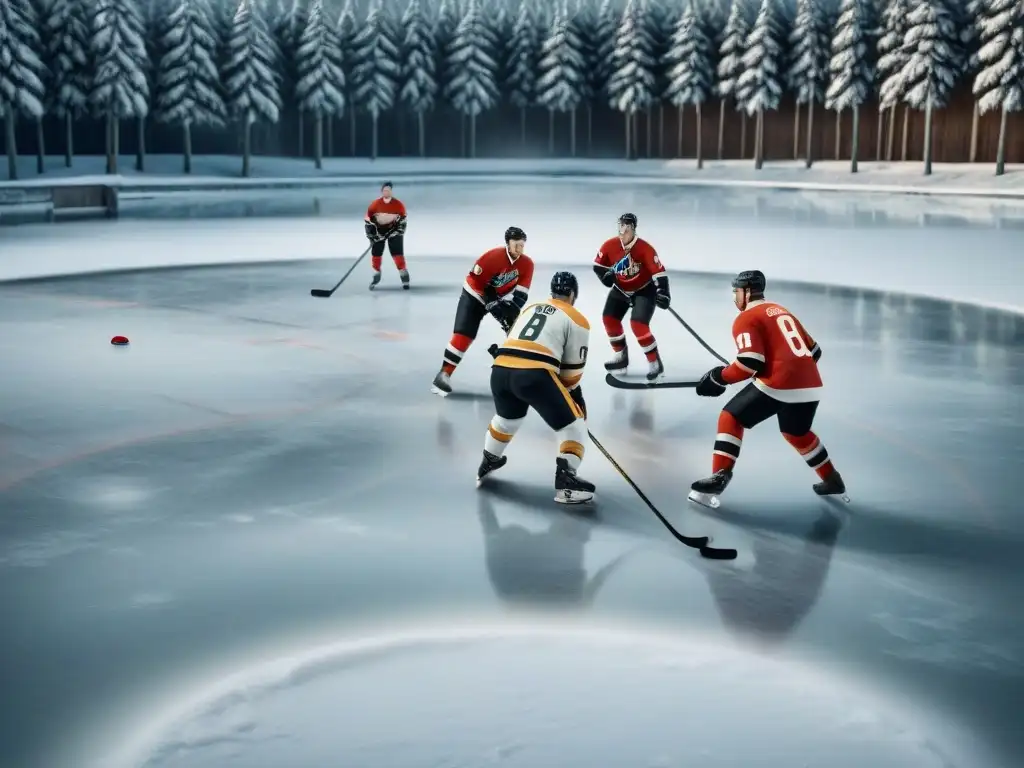 Grupo de jugadores de hockey sobre hielo canadienses tempranos en un estanque nevado rodeado de árboles