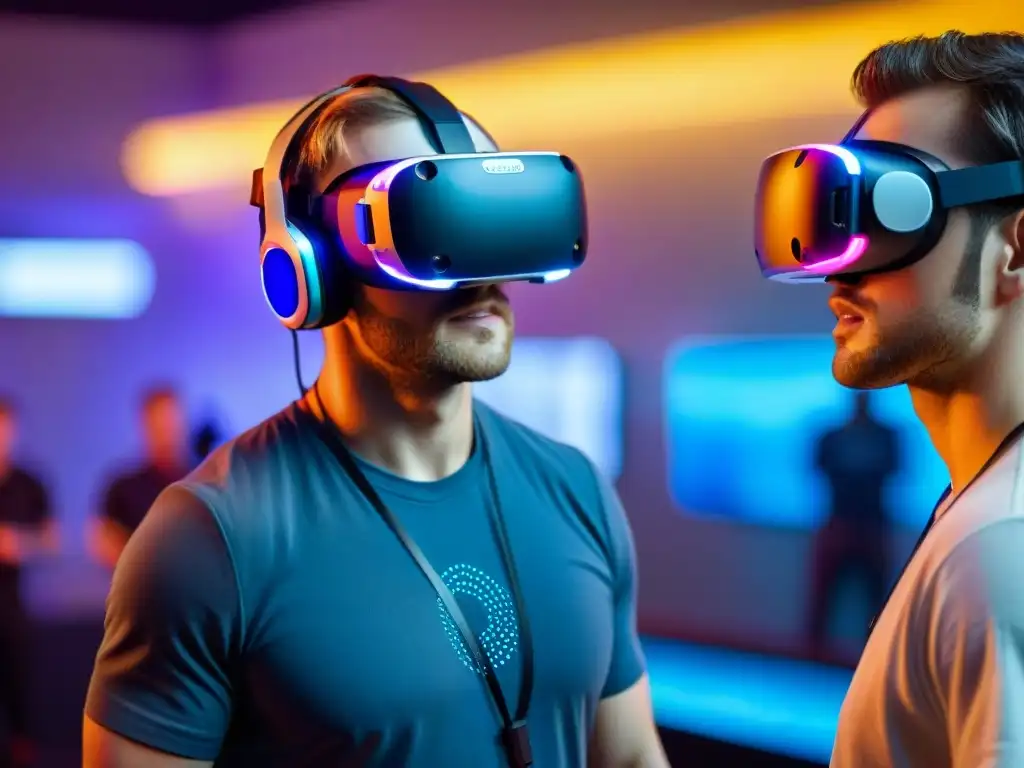Intensa inmersión en juegos de realidad virtual con sensores de movimiento Grupo de jugadores inmersos en un ambiente de juego tecnológico, con sensores de movimiento en juegos