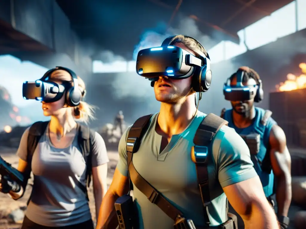 Batalla virtual intensa en paisaje postapocalíptico Un grupo de jugadores inmersos en un campo de batalla virtual con expresiones intensas y armas futuristas, recibiendo consejos para ganar juegos VR