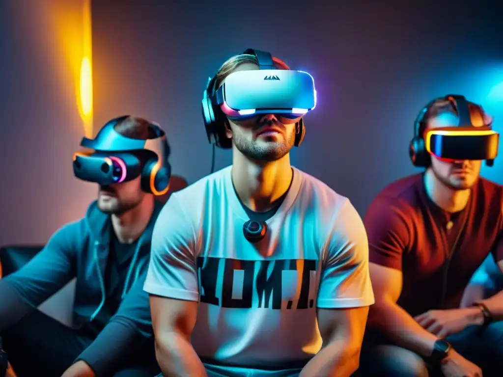 Un grupo de jugadores inmersos en una experiencia de realidad virtual, rodeados de tecnología vestible en juegos culturas