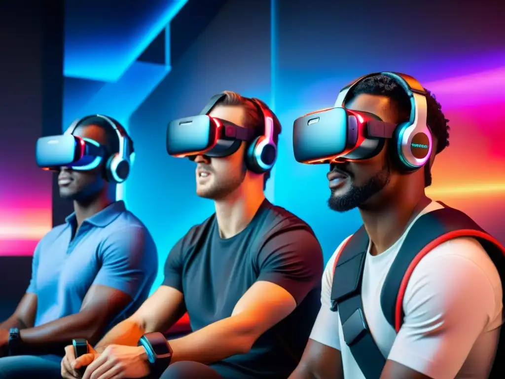 Grupo de jugadores inmersos en juegos de realidad virtual con tecnología vestible, mostrando emoción y concentración en un ambiente futurista vibrante