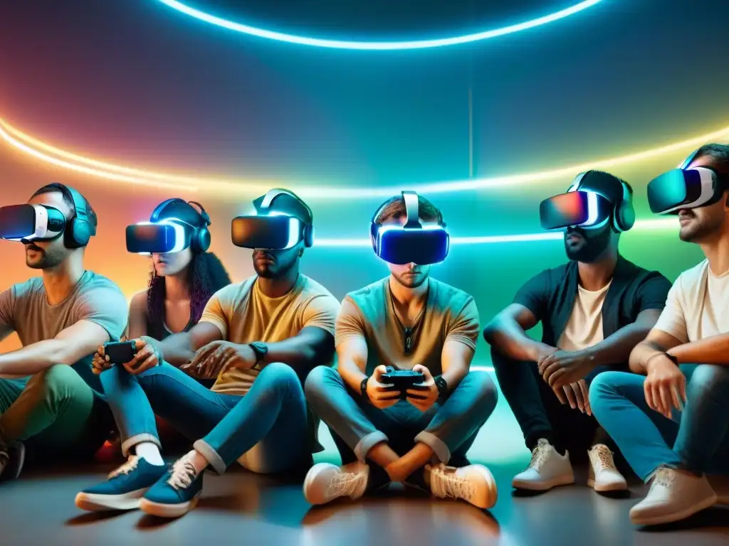 Un grupo de jugadores inmersos en un mundo virtual futurista, explorando desafíos éticos de la Realidad Virtual en juegos tradicionales