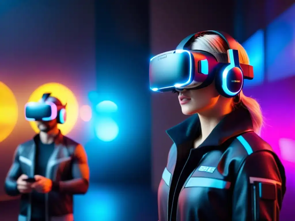 Gamers inmersos en realidad virtual de alta tecnología Grupo de jugadores inmersos en un mundo virtual, concentrados y rodeados de tecnología futurista