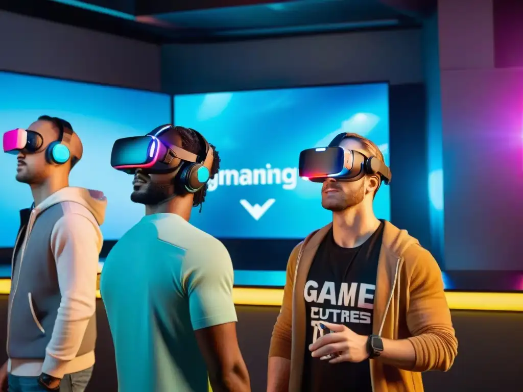 Grupo de jugadores inmersos en un mundo de realidad virtual futurista, reflejando las tendencias tecnologías gaming futuro