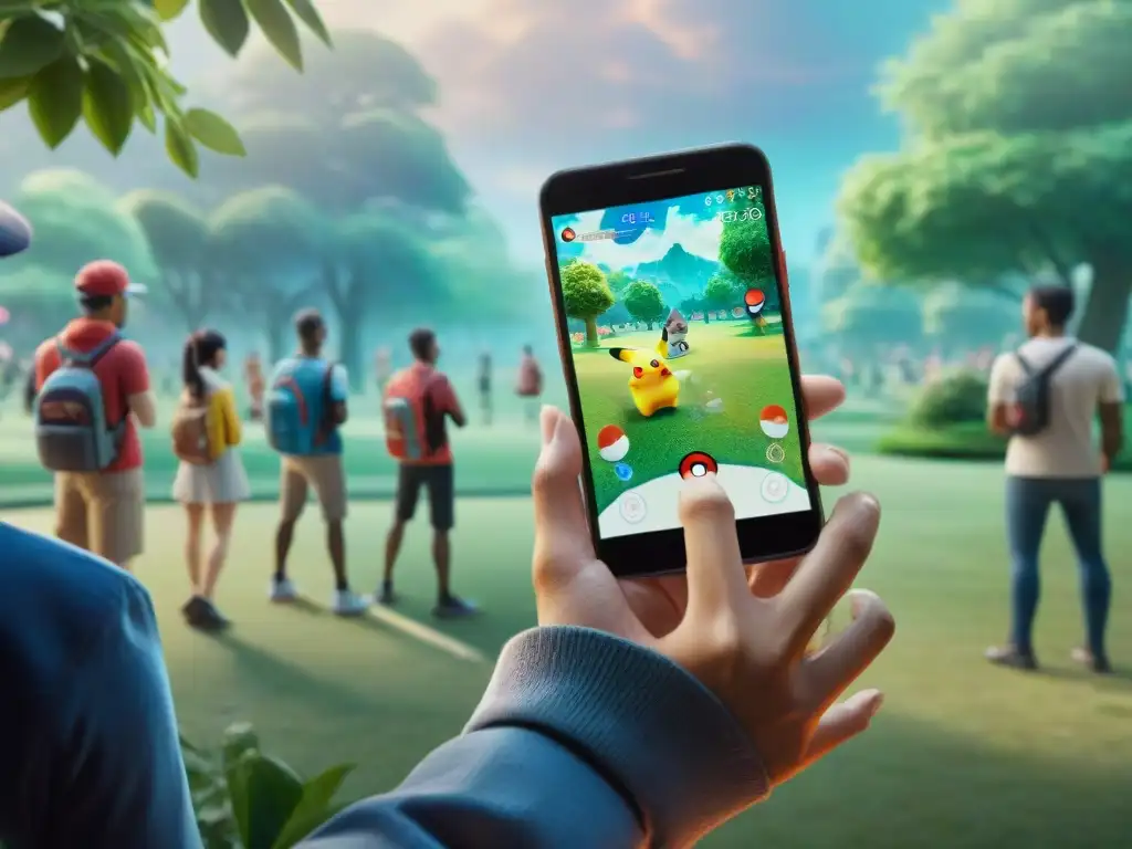 Grupo de jugadores inmersos en Pokémon GO en un parque, mezclando realidad y elementos digitales