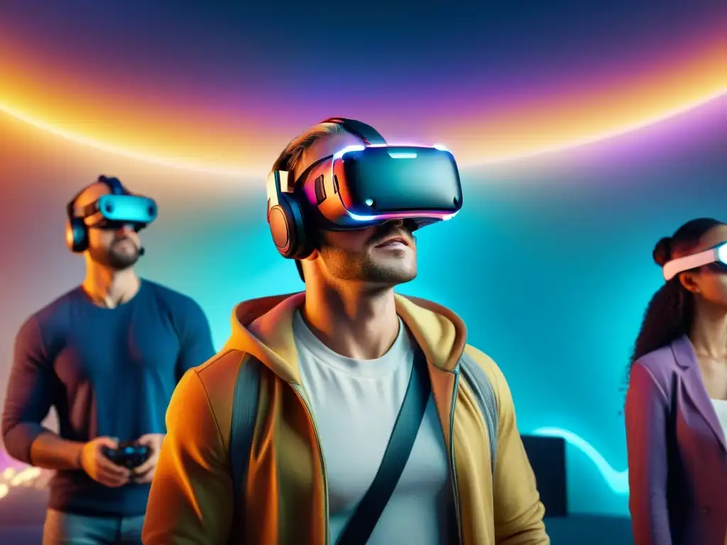 Grupo de jugadores diversos inmersos en plataformas VR juegos inmersión 2023, explorando mundo virtual futurista y colorido con entusiasmo y asombro