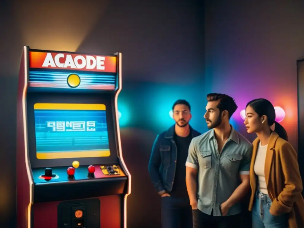 Grupo de jugadores disfrutando juntos de la reinvención de juegos clásicos plataformas en una sala retro iluminada por luces de colores