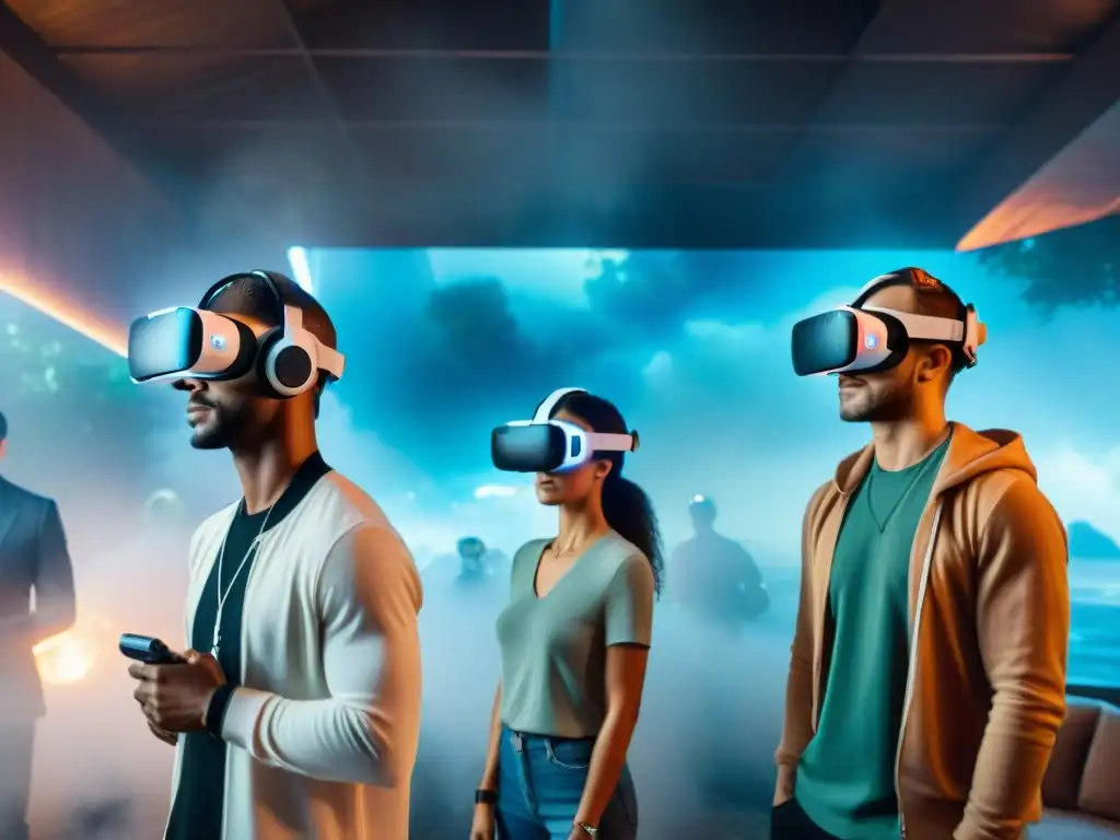 Grupo de jugadores en mejores juegos realidad virtual 2022, inmersos en un mundo virtual futurista y fantástico, interactuando con entusiasmo