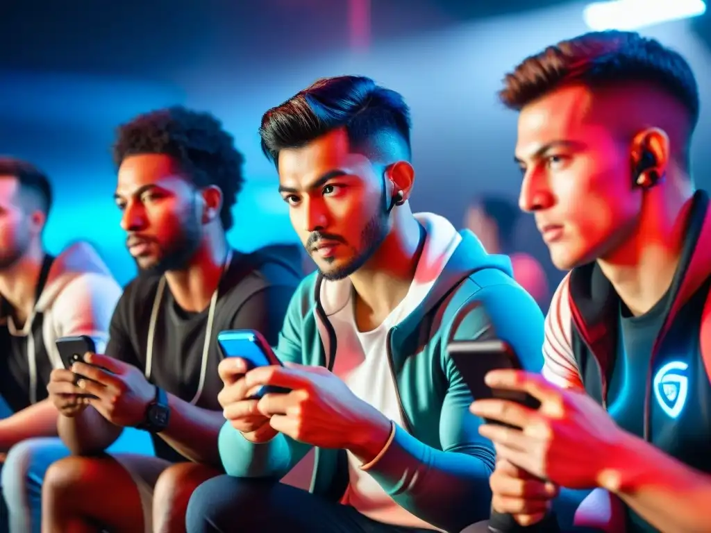 Grupo de jugadores móviles concentrados y emocionados en competencia estratégica