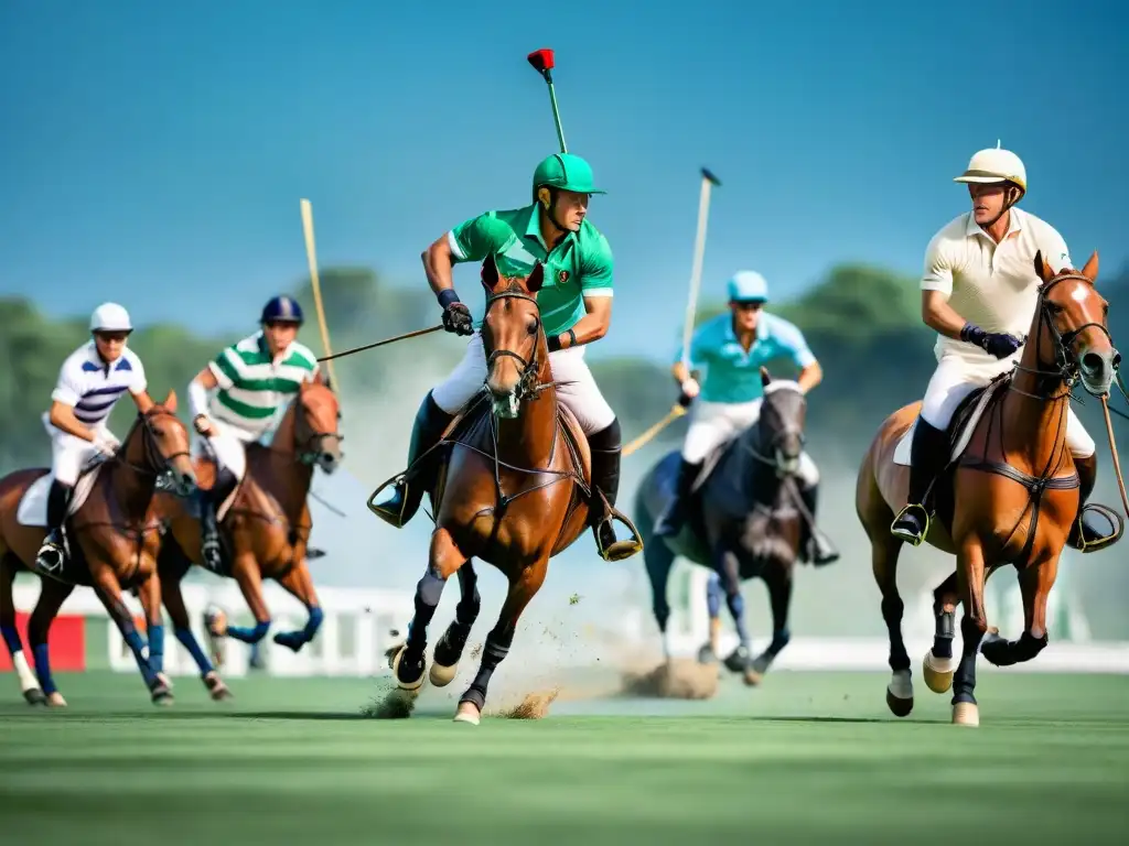 Grupo de jugadores de polo con indumentaria elegante en el campo, destacando la sofisticación y destreza