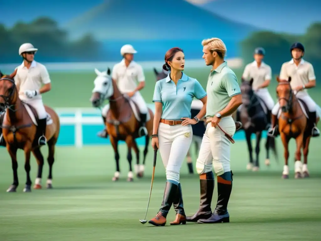 Un grupo de jugadores de polo elegantemente vestidos junto a sus majestuosos caballos en un campo de polo verde exuberante