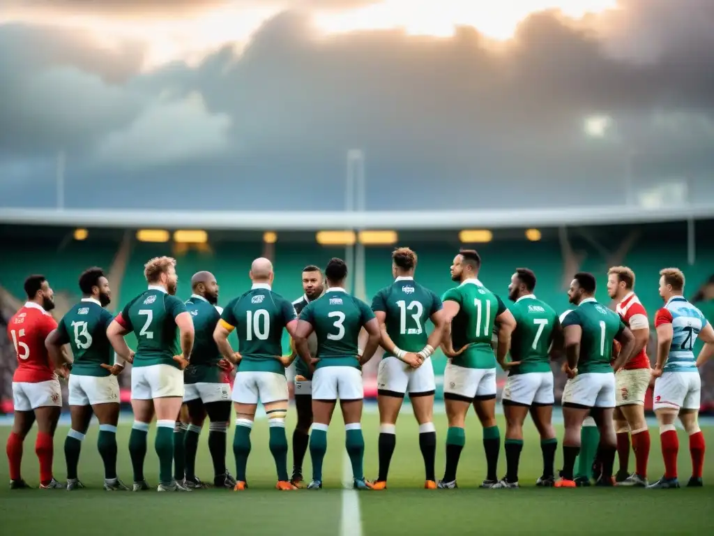 Grupo de jugadores de rugby de diversas culturas en campo verde, unidos por la historia del rugby en culturas