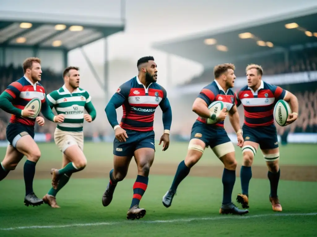 Grupo de jugadores de rugby histórico en pleno juego, transmitiendo camaradería y tradición en un campo atmosférico