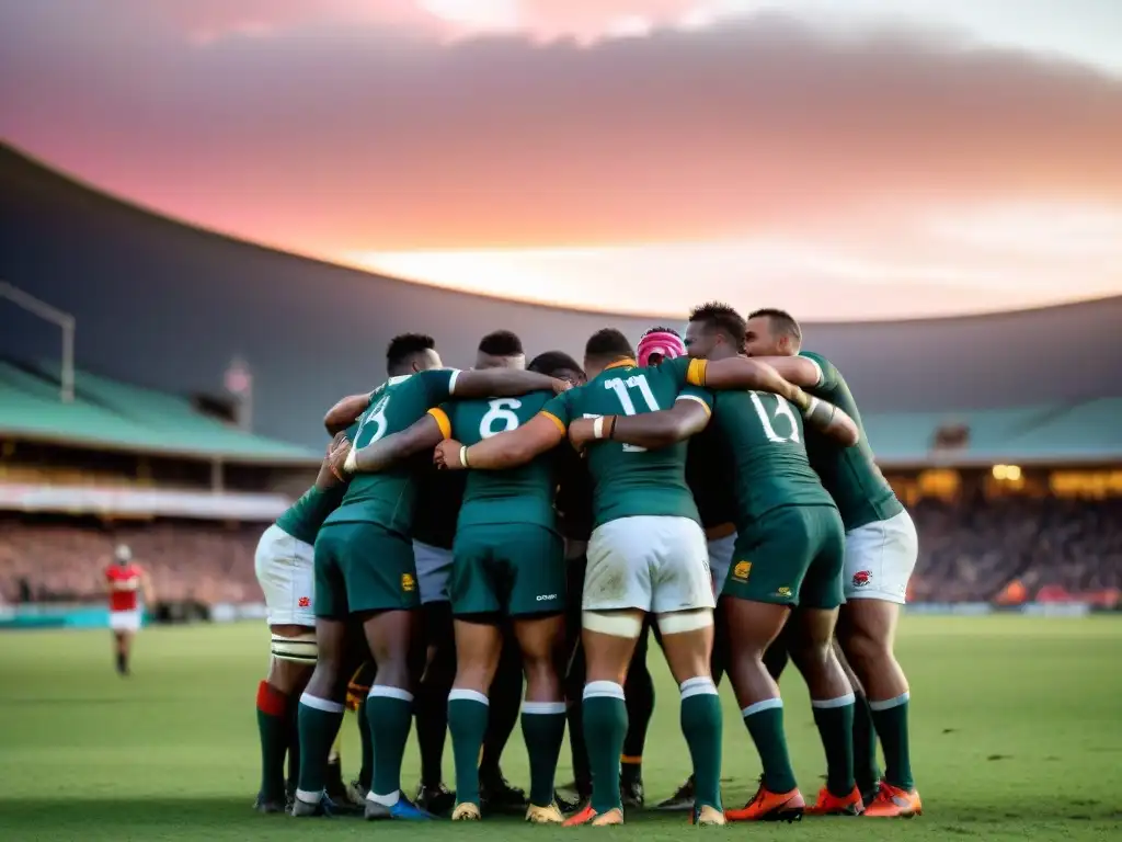 Un grupo de jugadores de rugby sudafricanos abrazándose en un emotivo círculo después de un partido, bajo un vibrante atardecer