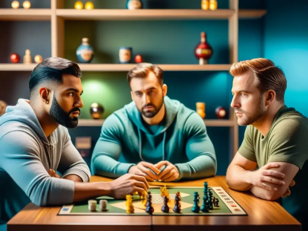 Grupo de jugadores serios planeando estrategias inteligentes en juegos de mesa en una sala iluminada débilmente