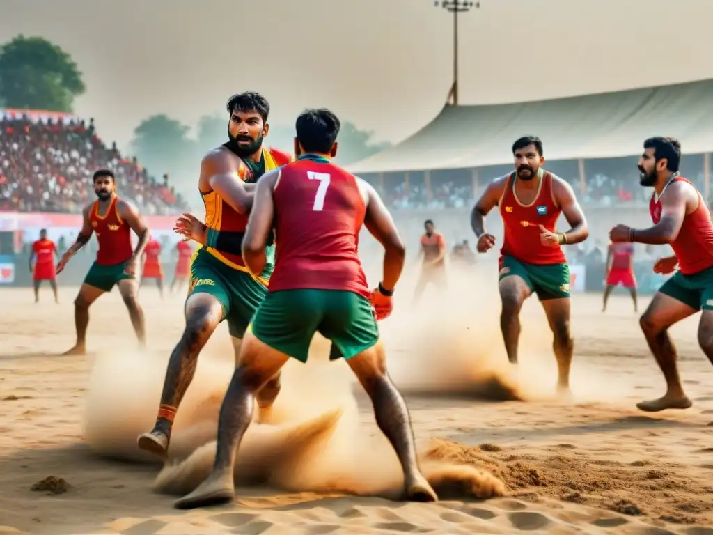 Grupo de jugadores de Kabaddi en acción bajo el sol abrasador en un campo polvoriento