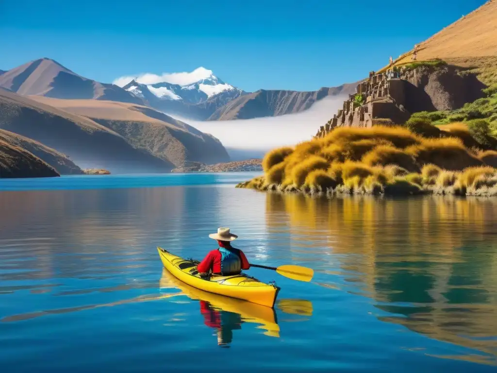 Un grupo de kayakistas explorando las aguas cristalinas del Lago Titicaca, rodeados de los Andes