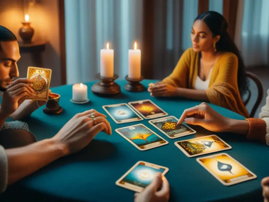 Grupo en lectura de tarot en ambiente íntimo y místico