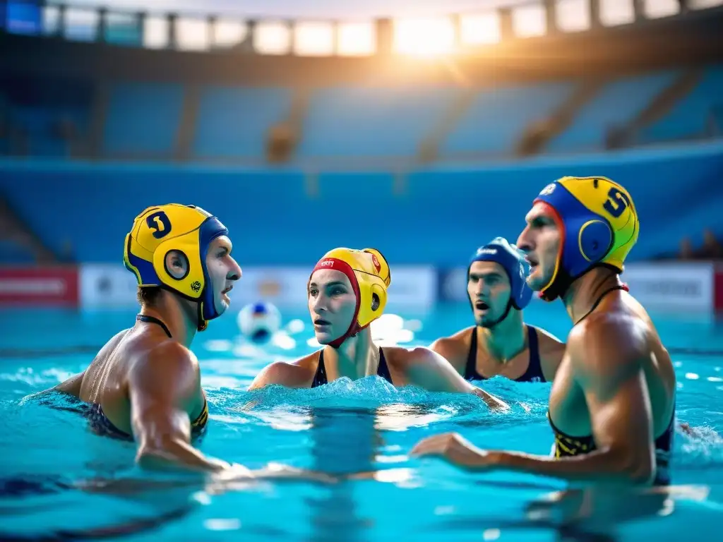 Grupo legendario de jugadores de water polo del Este de Europa, unidos en determinación y camaradería bajo el sol poniente en un estadio nebuloso