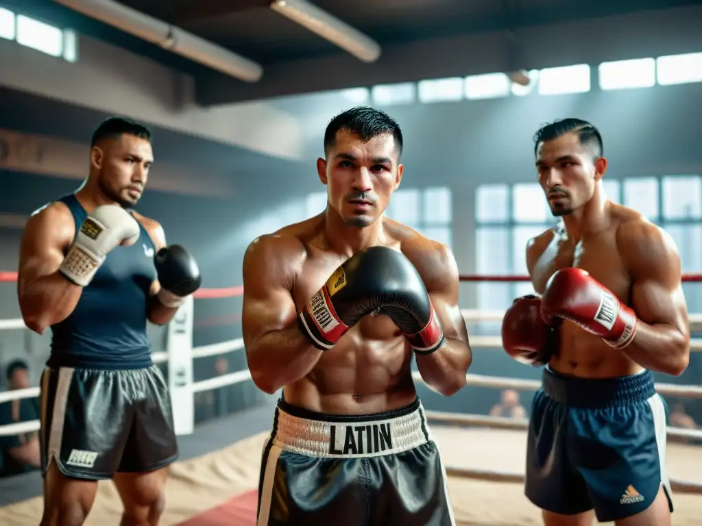 Un grupo de legendarios boxeadores latinoamericanos del siglo XX en un gimnasio urbano, reflejando la historia y evolución del boxeo latinoamericano