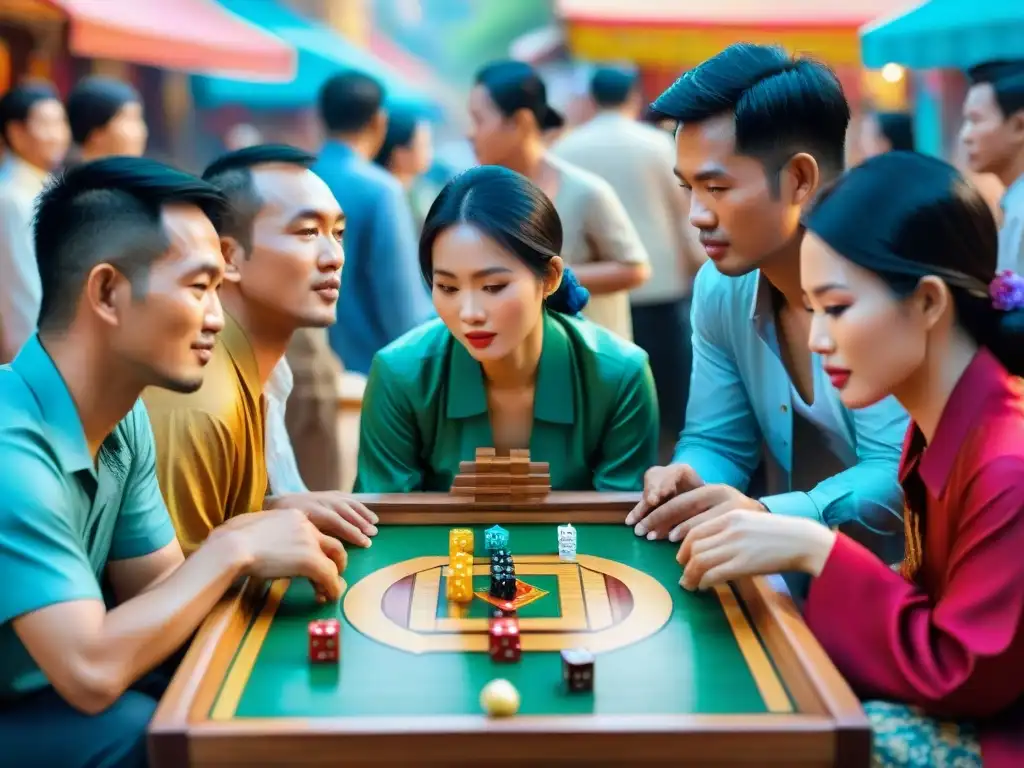 Grupo de locales vietnamitas concentrados en un antiguo juego de mesa, reflejando la historia y cultura de Vietnam