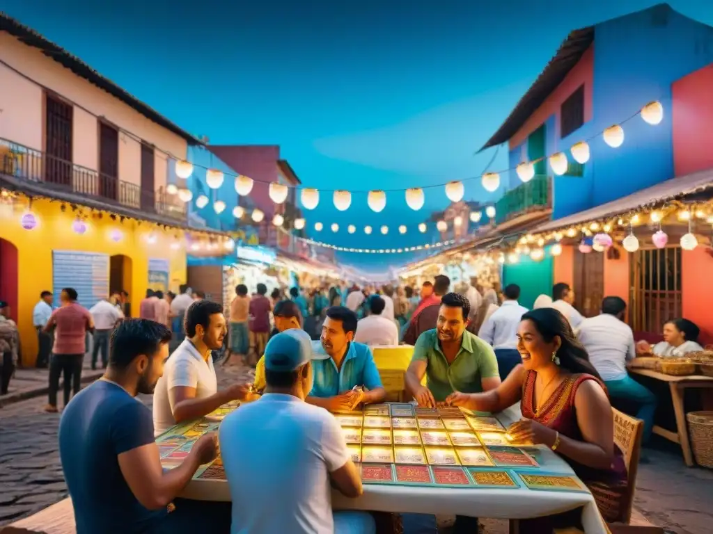 Grupo jugando Lotería en mercado nocturno de América Latina, entre luces y colores