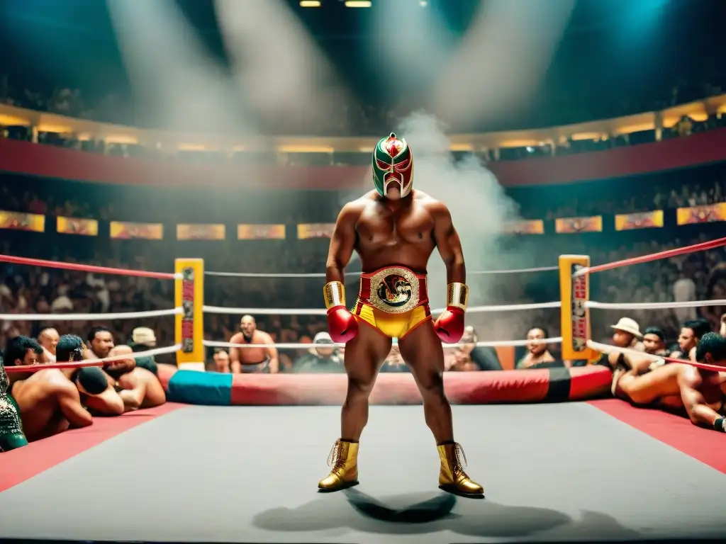 Grupo de luchadores enmascarados luchando en vibrante arena de lucha libre