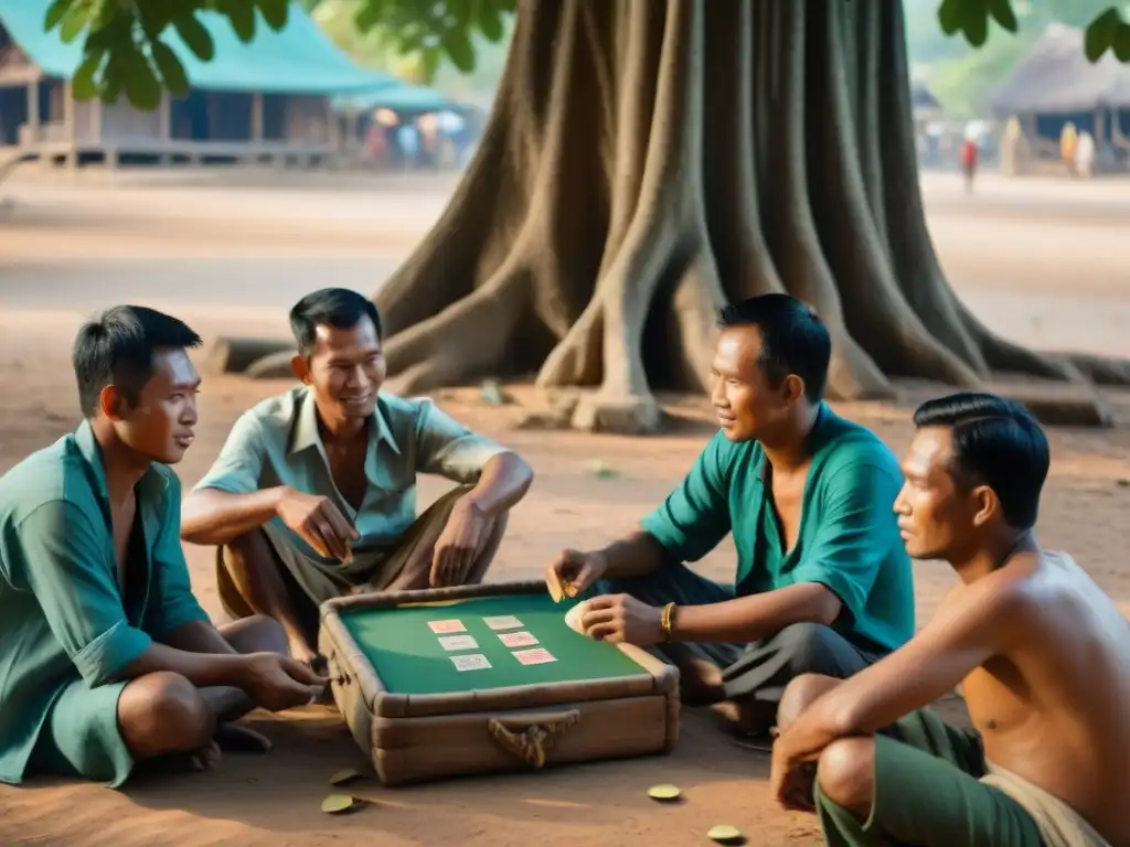 Un grupo de lugareños camboyanos juega a las cartas bajo un árbol antiguo en una aldea rural