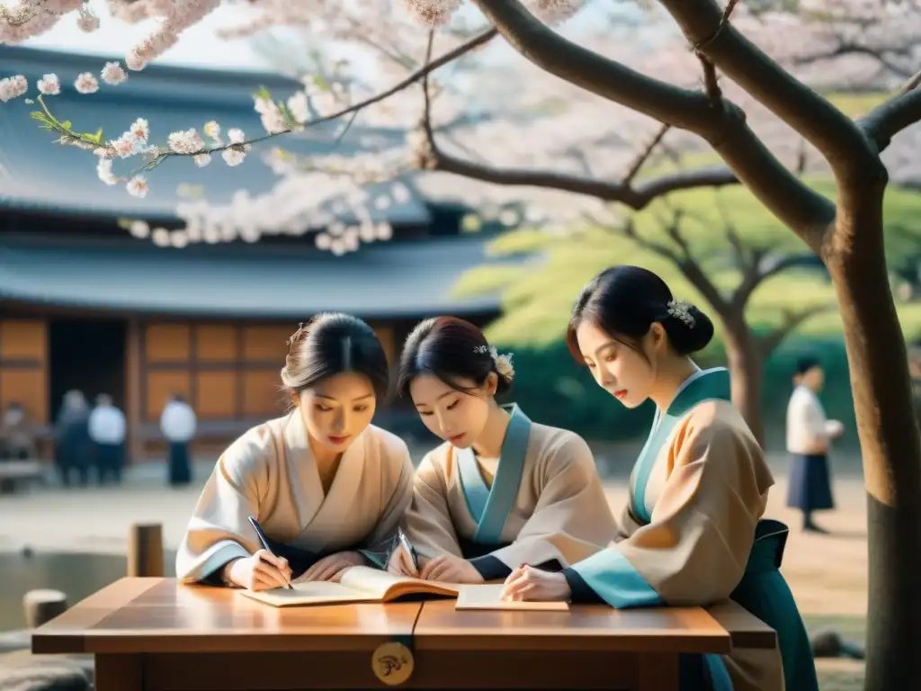 Grupo de matemáticos japoneses resolviendo Sangaku rompecabezas bajo cerezo en flor